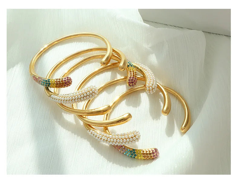 Elegant Gold Cuff Bracelet – Pearl & Rainbow Stones || DV03