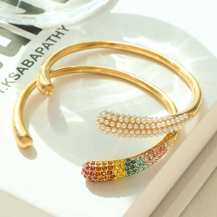 Elegant Gold Cuff Bracelet – Pearl & Rainbow Stones || DV03
