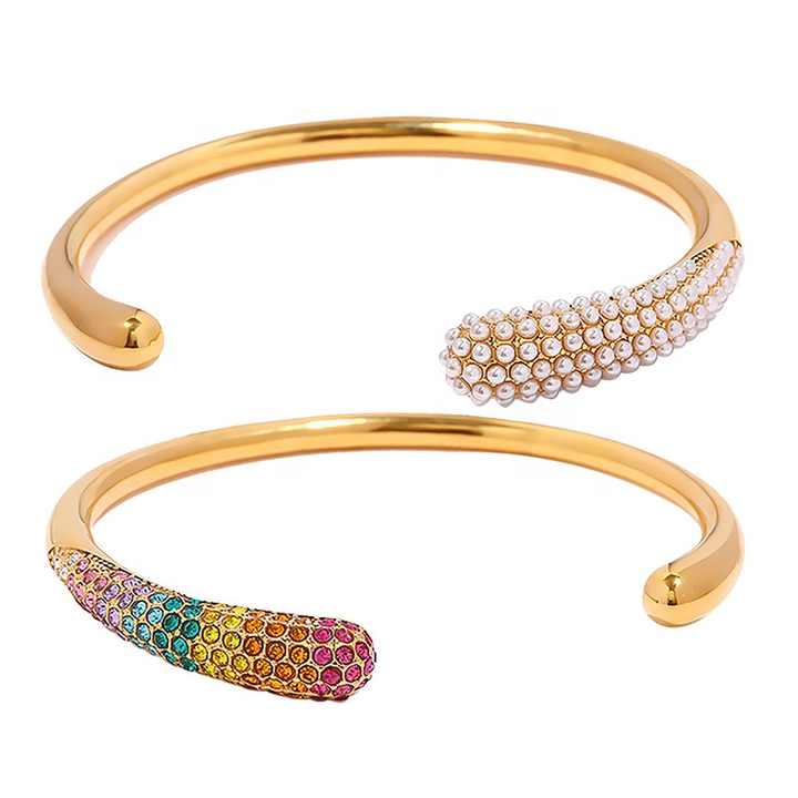 Elegant Gold Cuff Bracelet – Pearl & Rainbow Stones || DV03