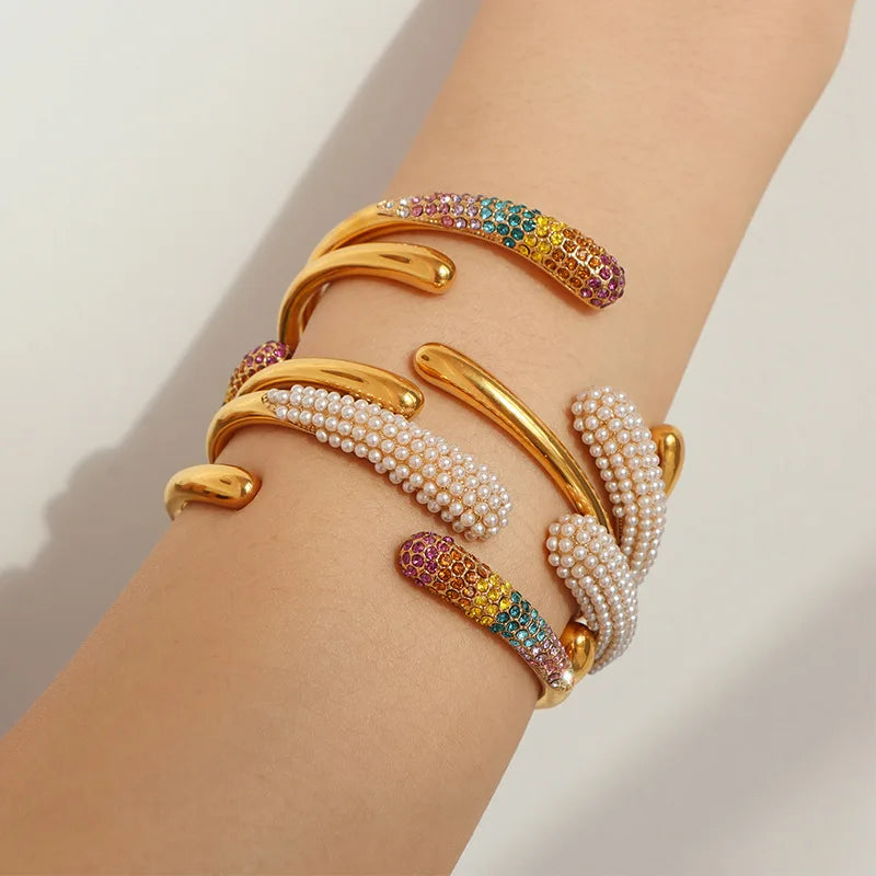 Elegant Gold Cuff Bracelet – Pearl & Rainbow Stones || DV03