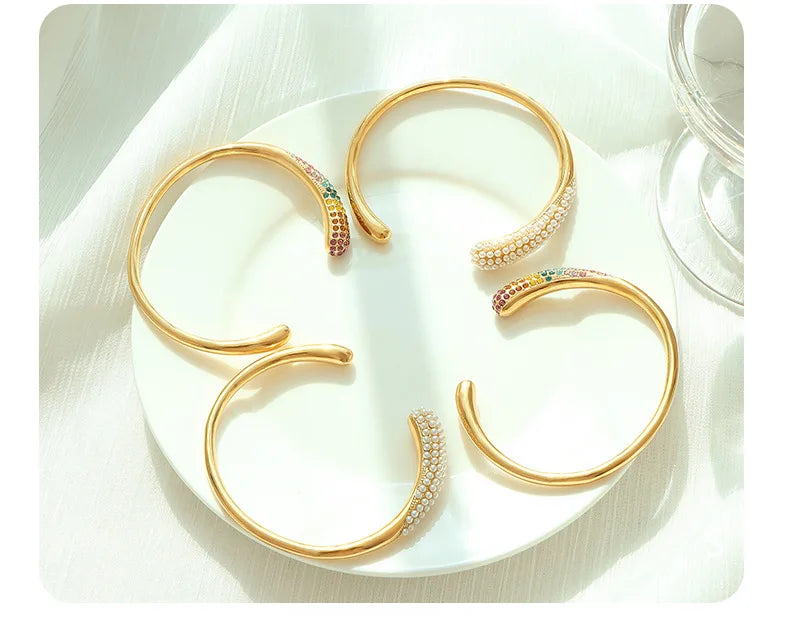 Elegant Gold Cuff Bracelet – Pearl & Rainbow Stones || DV03