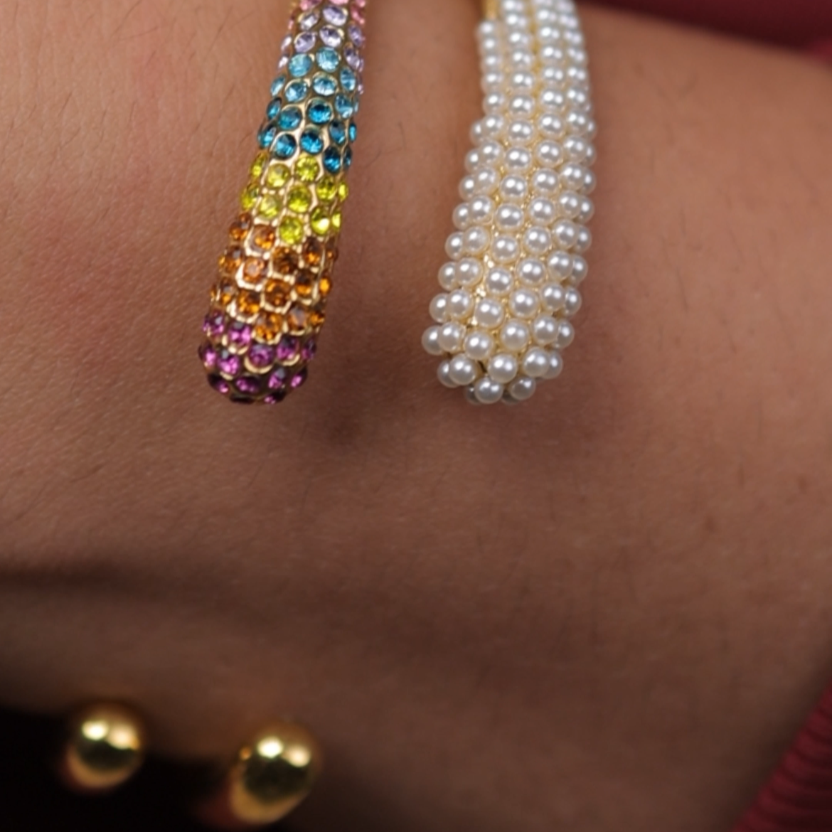 Elegant Gold Cuff Bracelet – Pearl & Rainbow Stones || DV03