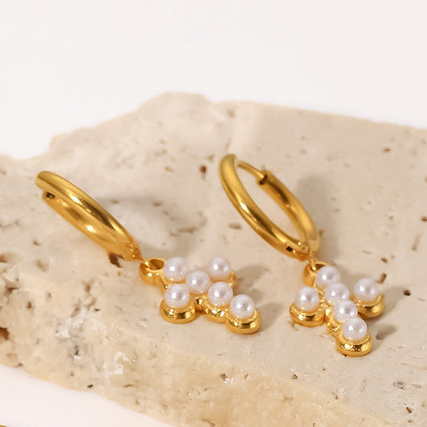 Pearl Cross Hoop Earrings || DV46