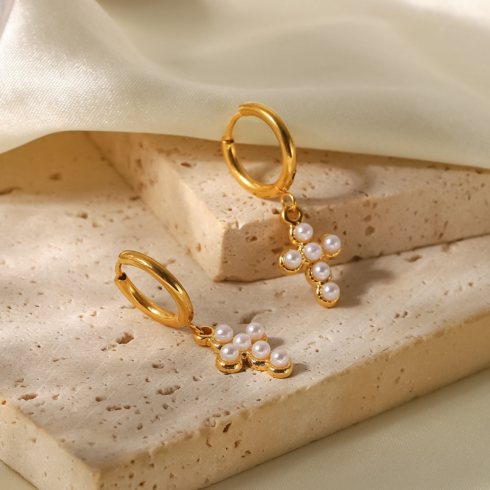 Pearl Cross Hoop Earrings || DV46