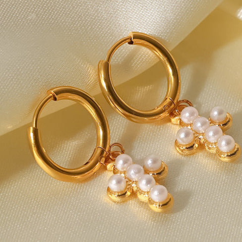Pearl Cross Hoop Earrings || DV46