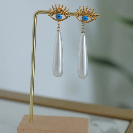 Evil Eye Pearl Drop Earrings || DV151