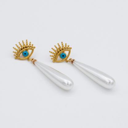 Evil Eye Pearl Drop Earrings || DV151