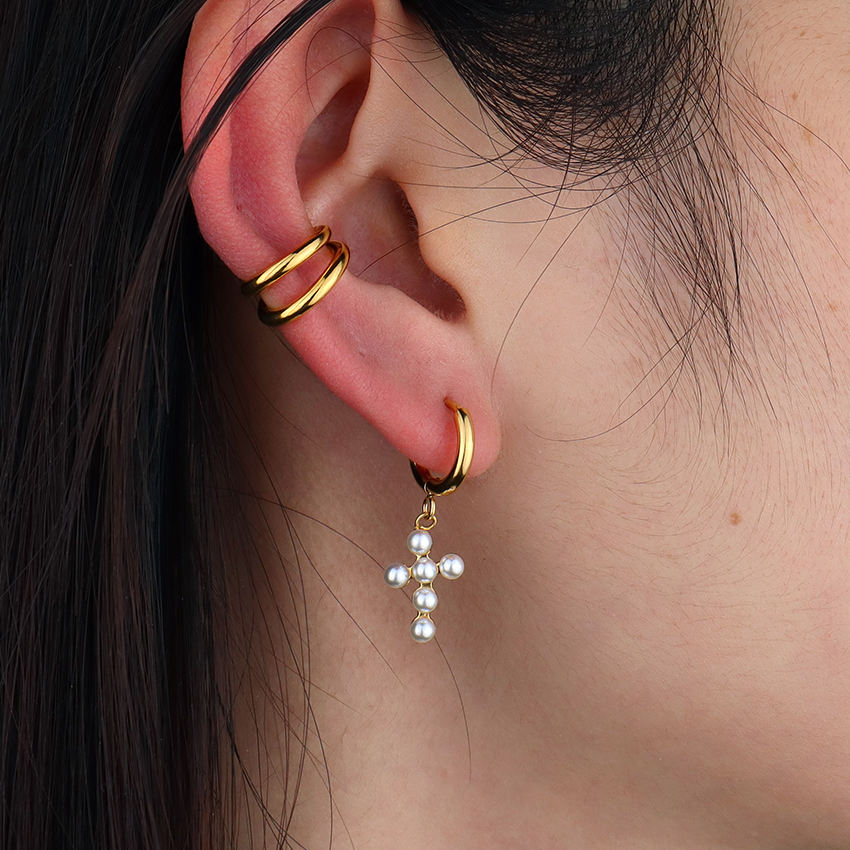 Pearl Cross Hoop Earrings || DV46