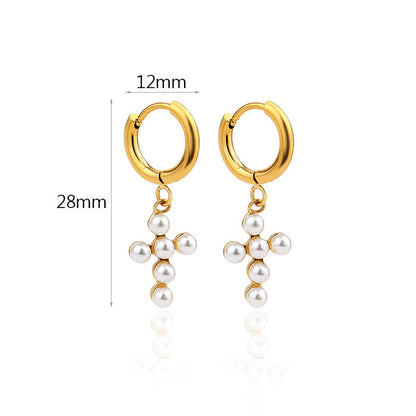 Pearl Cross Hoop Earrings || DV46