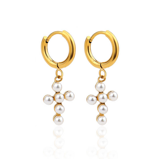 Pearl Cross Hoop Earrings || DV46