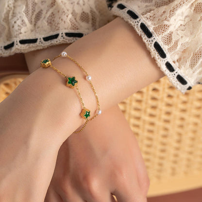 Emerald Charm Pearl Layer Bracelet || DV414