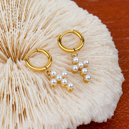 Pearl Cross Hoop Earrings || DV46