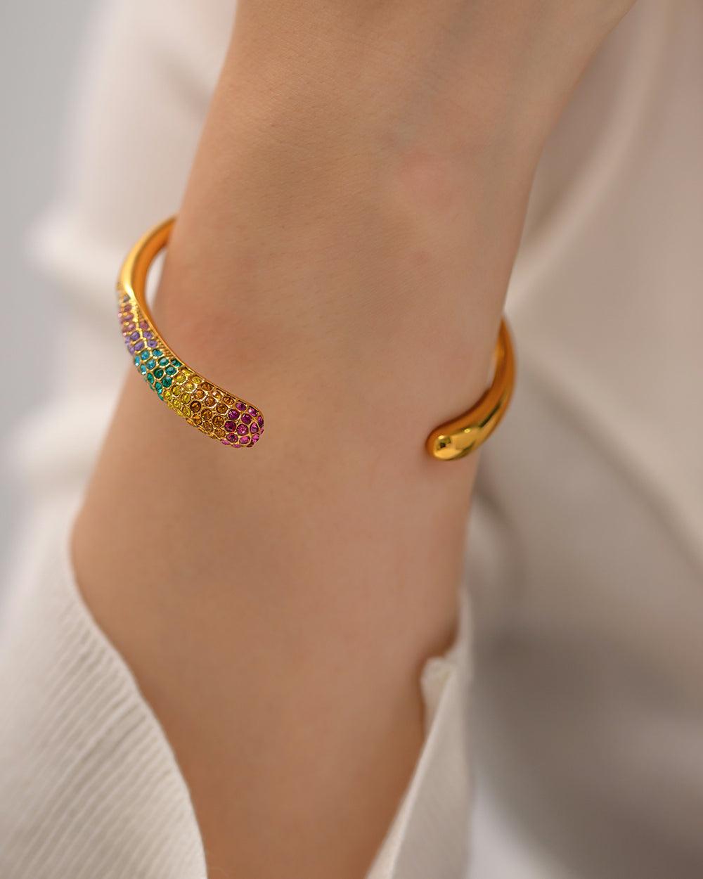 Elegant Gold Cuff Bracelet – Rainbow Stones || DV03