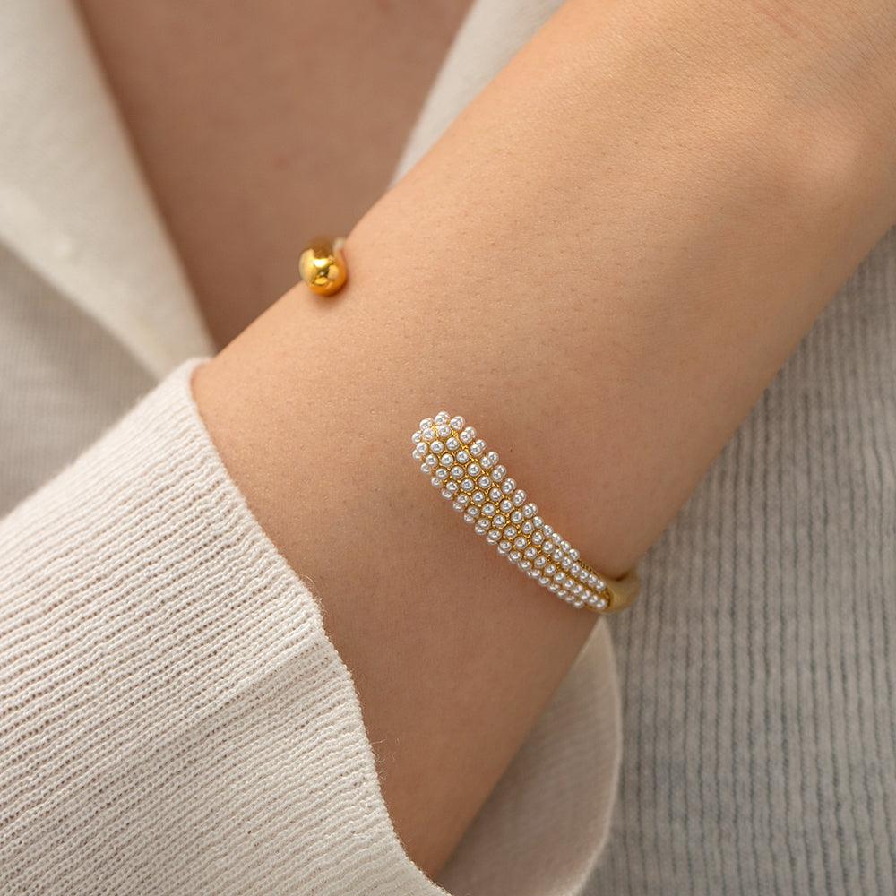 Elegant Gold Cuff Bracelet – Pearl Stones || DV305